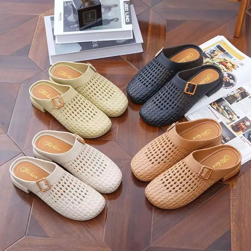 Women's Chic Casual Hollow Braid PVC Upper Slide Slippers - Anti Slip Clogs Footwear, Breathable, Round Toe, Belt Buckle, Lazy-Drag Style, Polka Dot/Checkered, All Seasons Indoor Wear