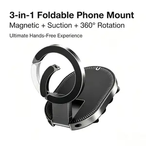 Universal 3-in-1 Magnetic Phone Holder with Suction Cup & Hook, Foldable & 360° Rotatable Stand – Adjustable Travel Phone Mount for Car, Office & Home Use (1pcs)
