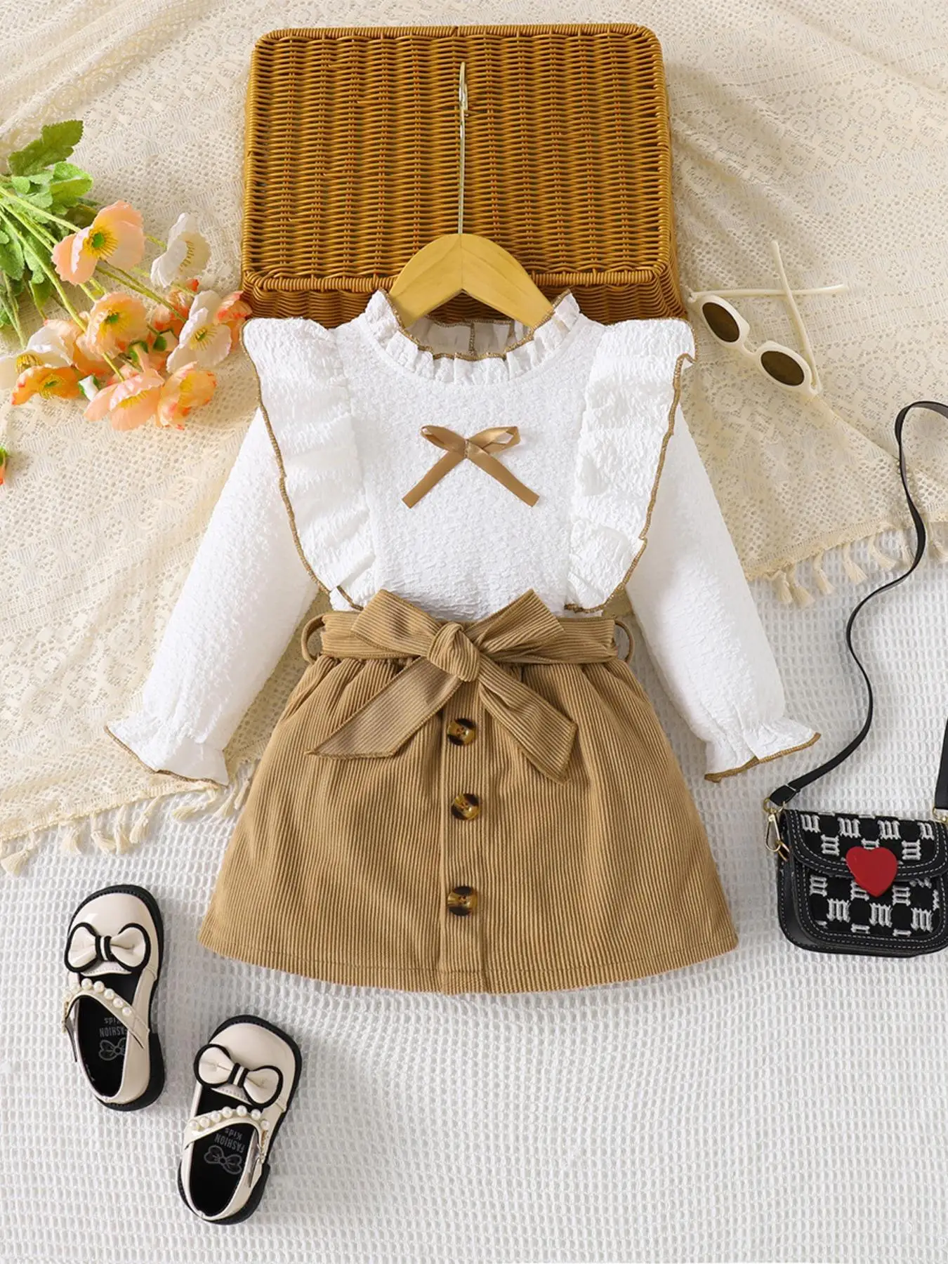 Two-Piece Set Girl's Textured Bow Decor Contrast Binding Ruffle Blouse & Belted Buttons Skirt, Elegant Keyhole Neck Flounce Sleeve Top & Short Skirt f