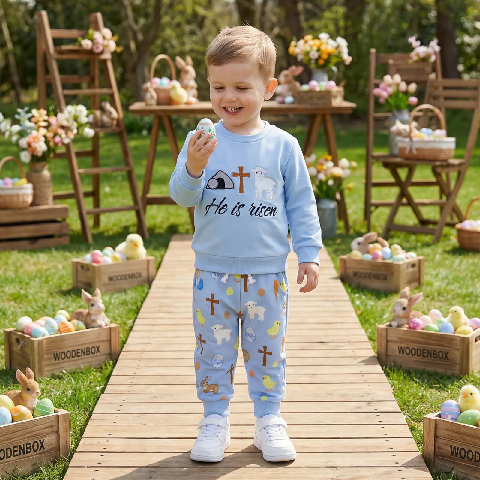Toddler Boy Easter Outfit Set, Long Sleeve Cross Lamb Graphic Sweatshirt and Stretch Jogger Pants for Spring, Cross Design, 0-6 Months, 12 - 18 Months, 2 - 3 Years