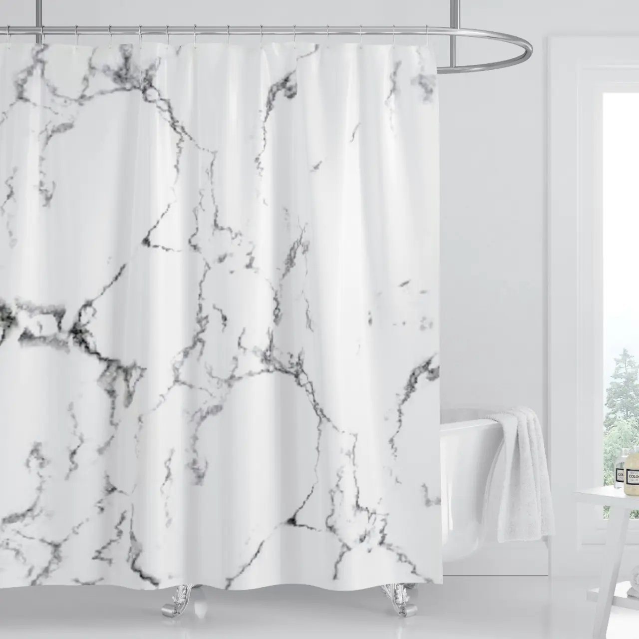 Luxury Marble Texture Polyester Shower Curtain, Thickened Material, Versatile Design, High-End Feel, Suitable for Multiple Scenarios, Bathroom Decoration Accessories, Waterproof Bathroom Curtain, Home Goods, Decorative Shower Curtain