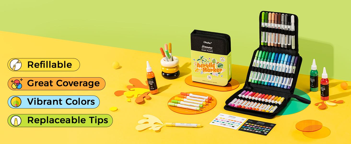 Ohuhu Acrylic Paint Markers: 36 Colors - Refillable - Acrylic Markers High Opacity Paint Markers Waterproof Lightfast for Rock Painting Easter Eggs 3D Prints Wood Glass Ceramic Canvas - Hanauma Series of Ohuhu