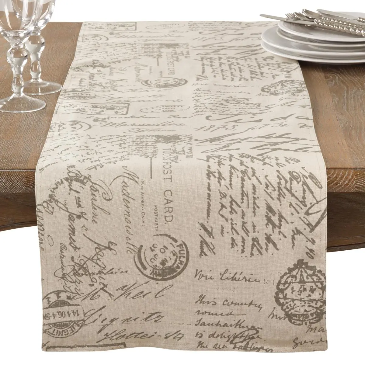 SARO 0044.N1672B Vintage Prints Old Fashioned Script Design Everyday Natural Table Runner - Household Kitchen Textile Linen