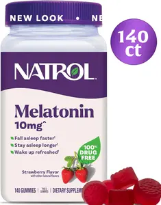 Natrol Melatonin Sleep Aid Strawberry Gummies, 10mg, 140 Count, Fall Asleep Faster, Stay Asleep Longer, 100% Drug & Gelatin Free