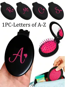2-in-1 Foldable Mini Hair Comb with Mirror - Portable, Dragon Fruit Color, Rose Red Letter Heart A-Z Pattern, Desktop, Can Fold 180°, Women's Pocket Comb, Foldable Cushion Comb, 2-in-1 Massage Comb