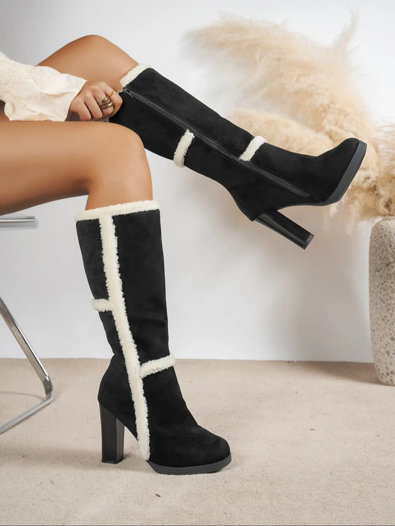Women's Fall Winter New Fleece Lined Warm Knee-High Boots, Chunky High Heel Pointed Toe Fashion Comfortable Sexy Women's Boots, Pointed Toes Boots