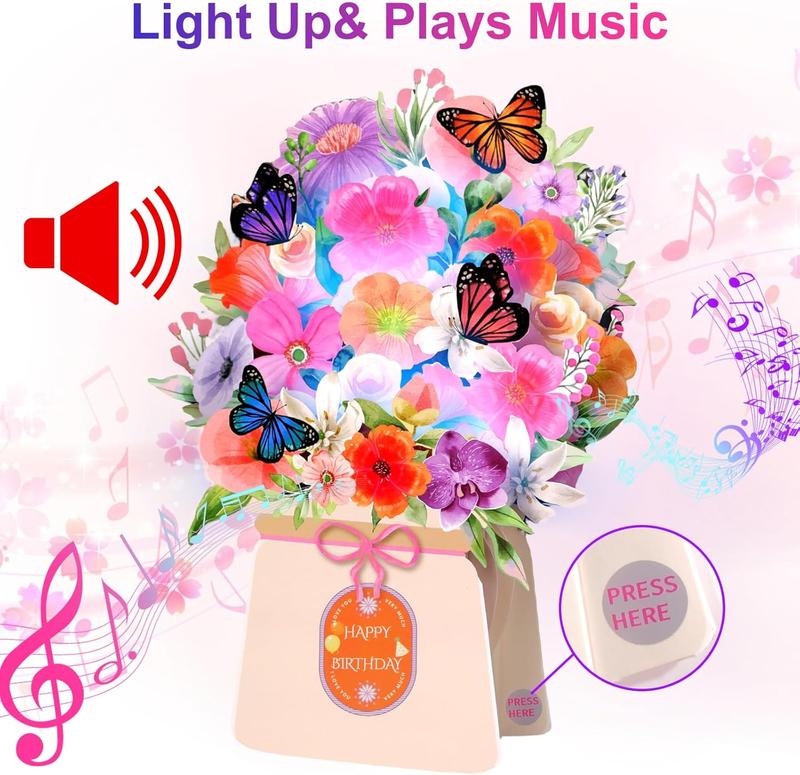 Birthday Cards, Light and Music Happy Birthday Card, Lily and Butterflies, 10 Inch Life Sized Forever Flower Bouquet 3D Pop Up Birthday Gift Card for Women Wife Mom Daughter Sister