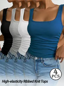 4pcs Beautiful Back Threaded Vest - Women'S Fitted Solid Color Crew Neck Sleeveless Pullover Bottoming Shirt