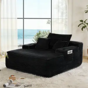 Oversized Chaise Lounge Chair Indoor with Cup Holders & Side Pocket, 47.2"W x 65"D Plush Corduroy 30D High Density Sponge Boneless Chair with 3 Pillows, Thickened Backrest Comfy Reading Chair, Black