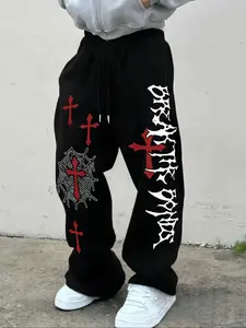 Men's Fall Winter Casual Loose Fit Sport Pants, Drawstring Waistband, Cross Pattern Print, Comfortable Fashion Fitness Pants, Cross Print Sweatpants