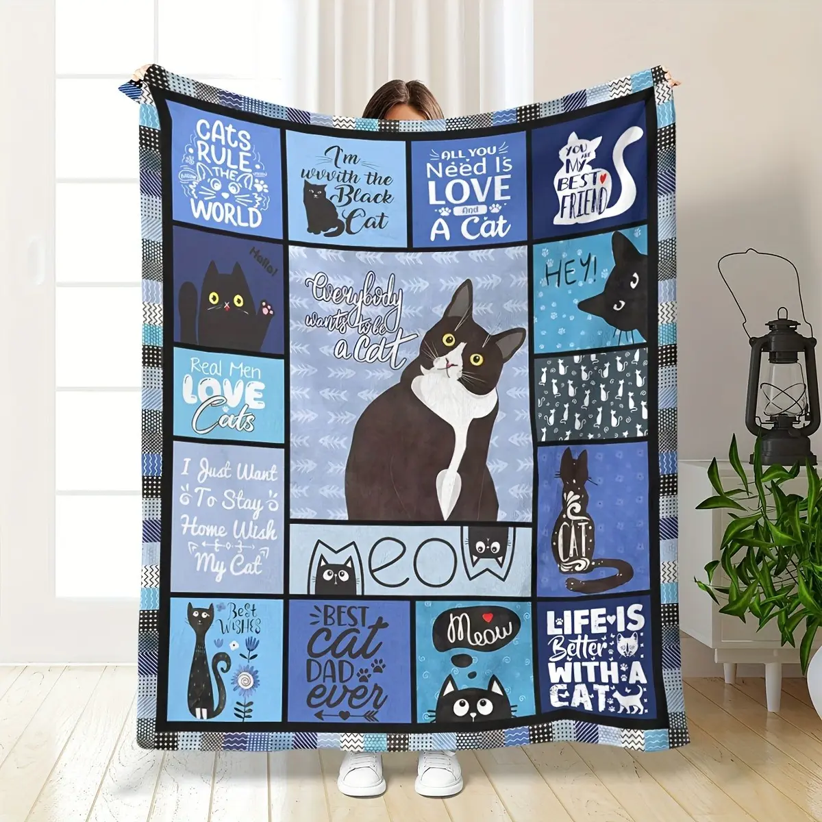 Cat Lover Flannel Blanket - Soft All-Season Throw with Playful Black Cat & Geometric Prints, Machine Washable for Sofa, Bed Use