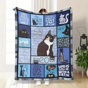 Cat Lover Flannel Blanket - Soft All-Season Throw with Playful Black Cat & Geometric Prints, Machine Washable for Sofa, Bed Use