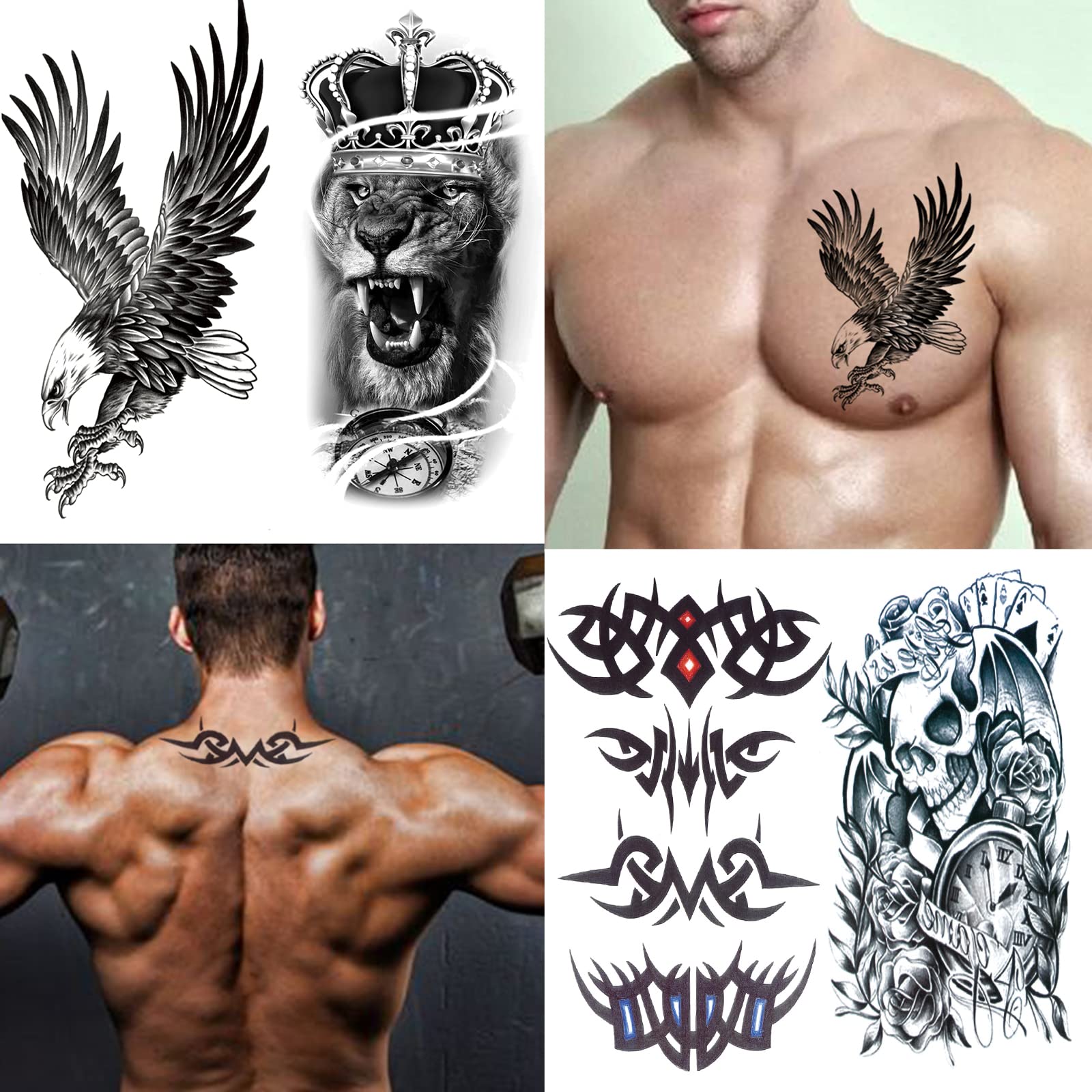 80 Sheets Temporary Tattoos Stickers, Fake Body Arm Chest Shoulder Tattoos for Men and Women Black Fake Skull Skeleton Tattoos Long Lasting