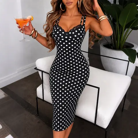 CHICME Women's Polka Dot Midi Dress Lace Trim V-Neck Bodycon Dress Adjustable Double Strap Elegant Party Dress with Built-in Bra
