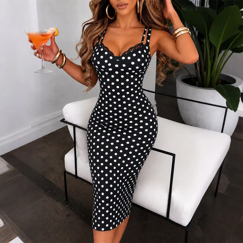 CHICME Women's Polka Dot Midi Dress Lace Trim V-Neck Bodycon Dress Adjustable Double Strap Elegant Party Dress with Built-in Bra