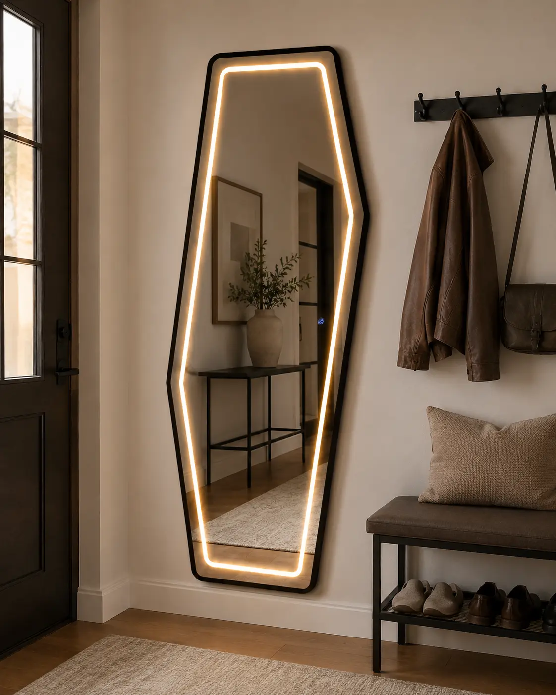 Irregular Shape Full Length Mirror, 5mm Tempered Glass LED Mirror with 3 Color Lighting & Adjustable Brightness, Touch Control Wall Mounted Full Body Mirror for Bedroom, Closet, Dressing Room, Entryway, Modern Home Decor