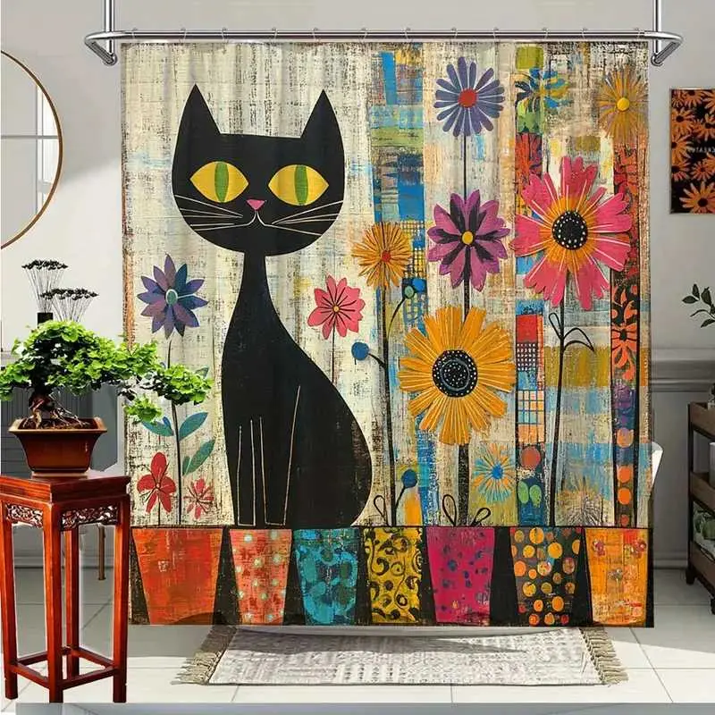 A colorful floral and black cat print shower curtain, Printed shower curtain, perfect for bathroom decoration, waterproof, wear-resistant, easy to clean, machine washable, multi-size options, shower curtain hooks