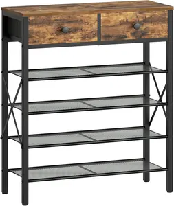5 Tier Shoe Rack, Large Capacity Shoe Storage Organizer, Metal Shoe Shelf with Drawer and Wooden Top, for 16 Pairs of Shoes, for Entryway, Closet, Rustic Brown and Black SS25BR