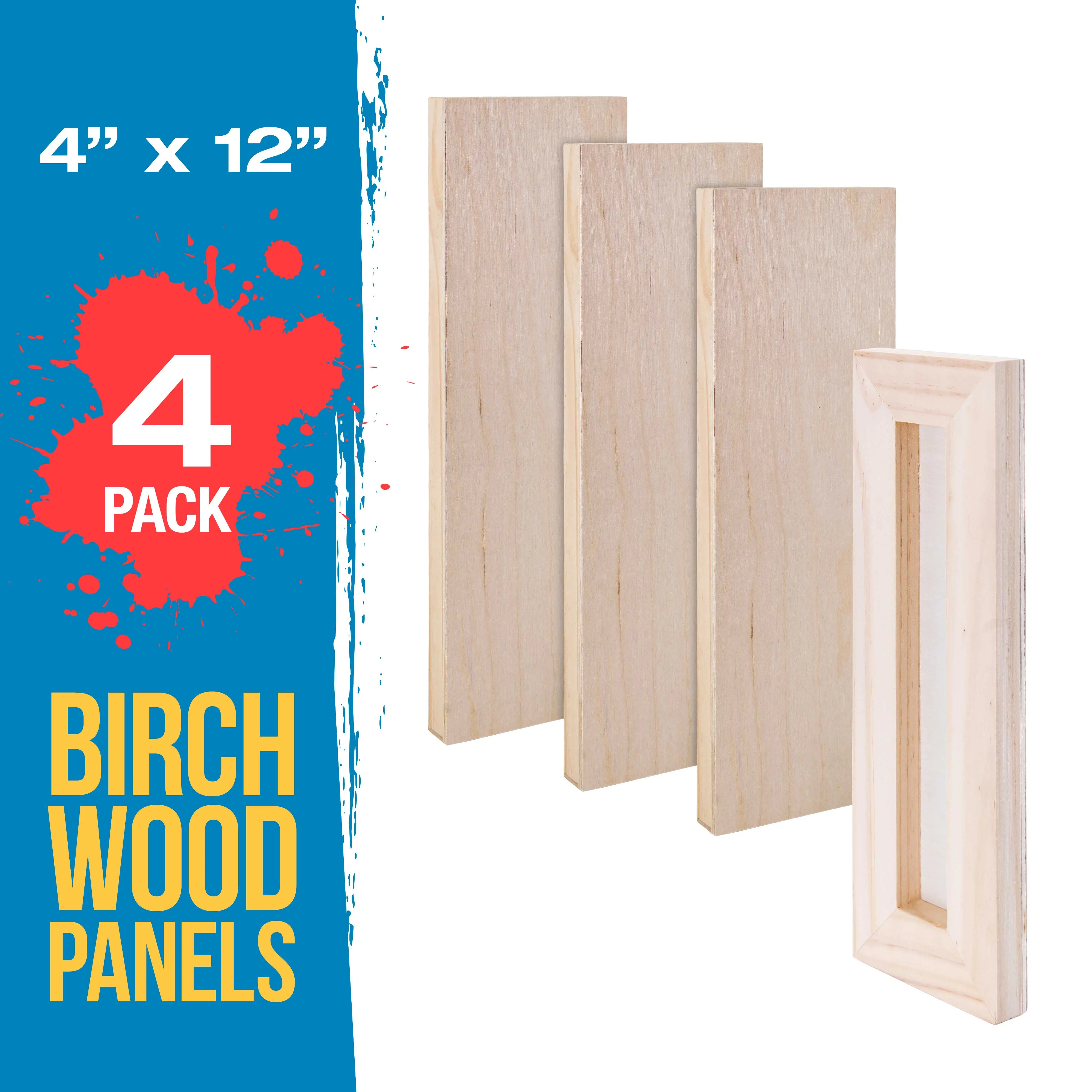 Unfinished Cradled Wood Panels for Painting, 4 Pack of 4x12 inch - Studio Birch Wooden Canvas Boards 3/4" Deep - Mixed-Media Craft, Acrylic, Oil, Encaustic, Paint Pouring Panel Board
