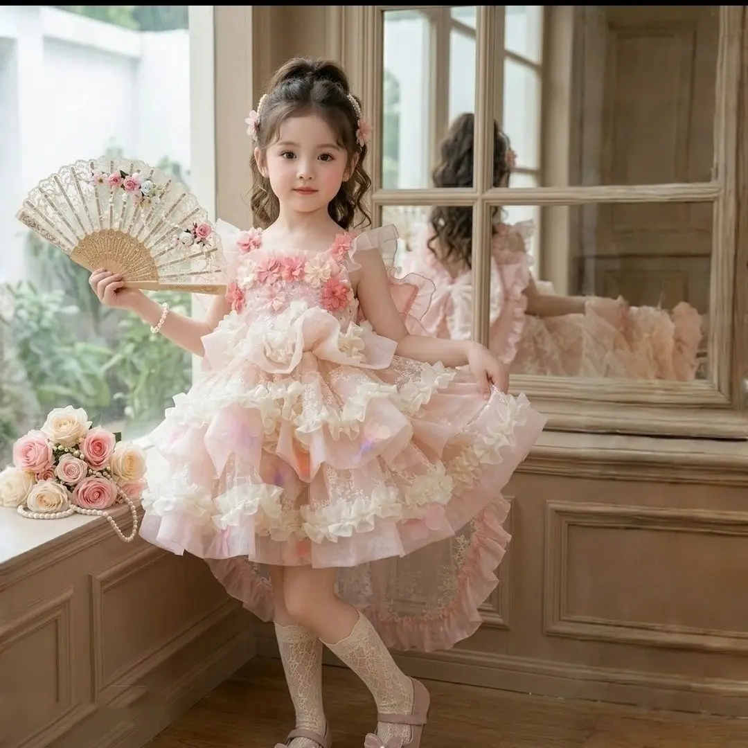 Girls’ Summer Puff Mesh Floral Dress - Breathable Midi Formal Dress Up Gown, Garden Puffy, Flutter Sleeves, Soft Polyester, 1st Birthday, Photo Shoots, Layered Tiers, Pink, Hand Wash Only, Do Not Dry Clean, Floral Dresses Summer Cute Dresses