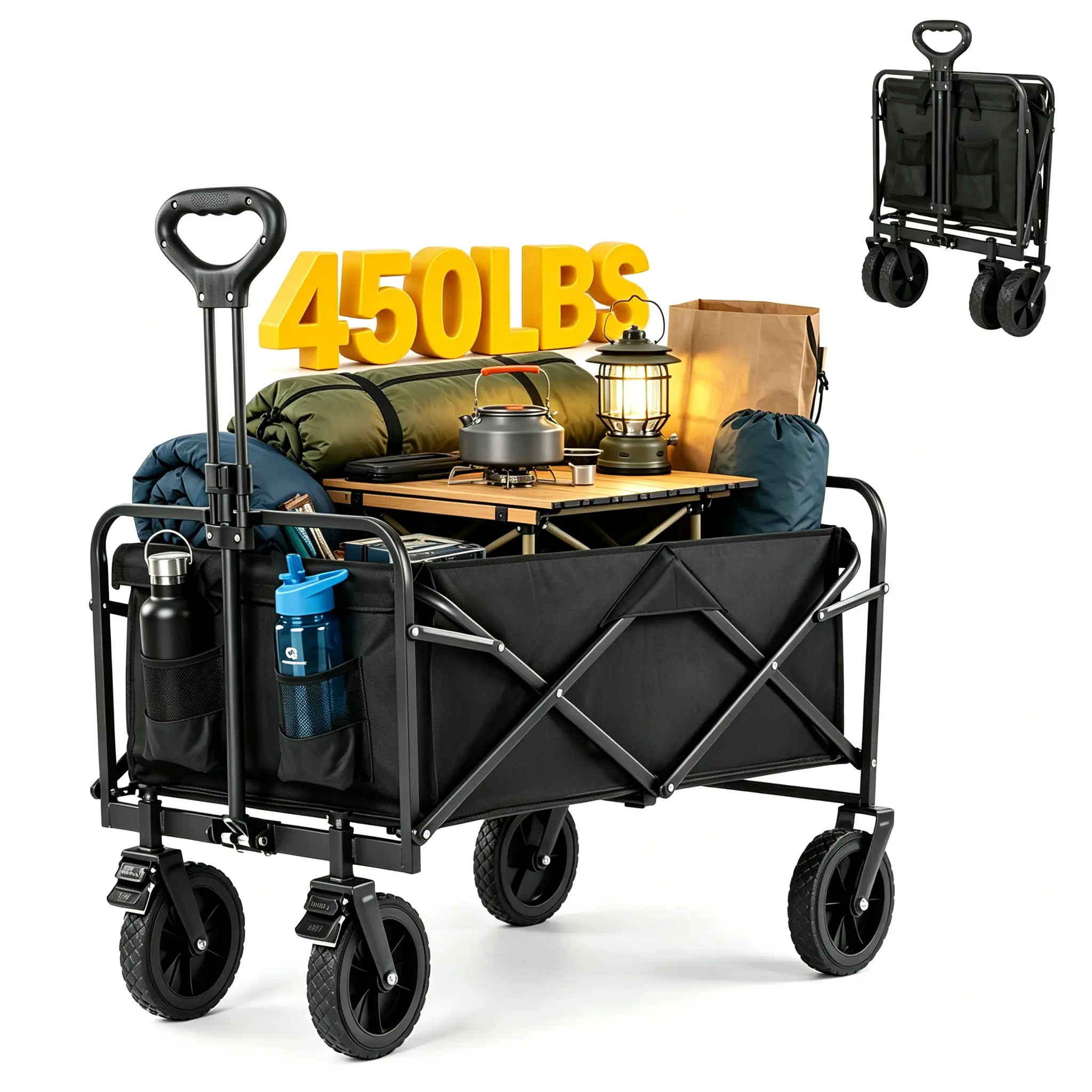 Heavy Duty Folding Wagon Cart with Wheels, Waterproof Oxford Collapsible Cart, All-Terrain Wheels & Brakes, 450 LBS Capacity, Telescoping Handle, Compact for Camping, Beach Trips, Daily Grocery, Family Outing, 2 Sizes, Outdoor, Tubeless, Game Day Ready