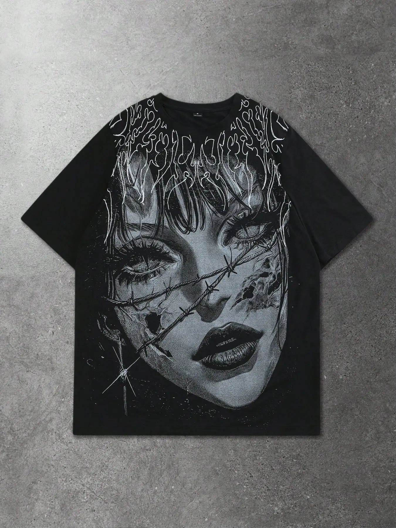 Oversized Gothic T-Shirt, Dark Aesthetic Anime Girl Barbed Wire Print, Y2K Street Punk Style Top, Unisex Heavyweight Short Sleeve Tee, E-Girl Alt Fashion