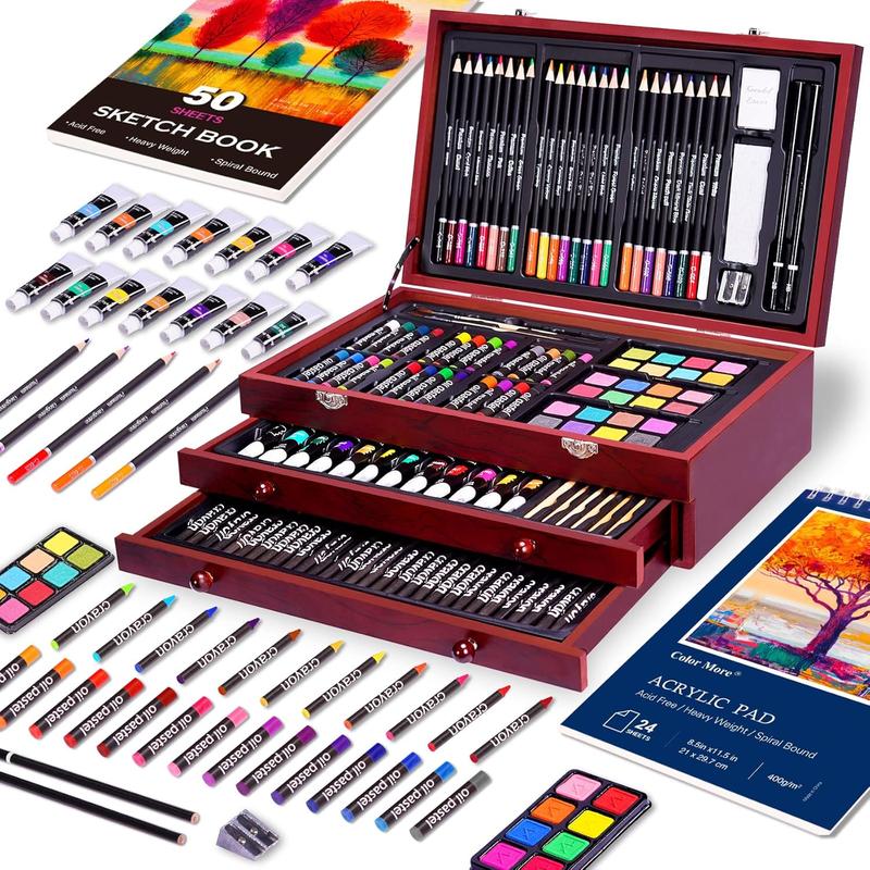 Color More 175-Piece Art Set in Wooden Case with Paints Pencils & Drawing Pads Fun Creative Kit for Kids & Teens Ideal for Artistic Expression