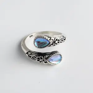 925 Sterling Silver Rings For Women Geometric Fine Jewelry Finger Adjustable Vintage BLue Stone Ring For Party Birthday