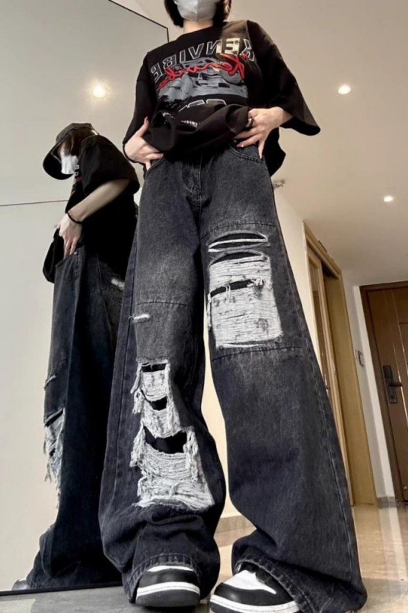 High-Rise Ripped Straight Leg Jeans Loose Fit Distressed Denim with Embroidery Detail Mid-Stretch Fabric Button Hole at Waist Machine Washable Casual Streetwear for Teens Trendy Outfit Pants Streetstyle Attire Basic Black