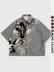 Men's Plaid Blouse, Casual Loose-Fitting Short Sleeve Shirt, Graphic Print, Minimalist Style, Comfortable Outdoor Wear