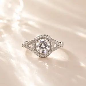 Women's Luxury Round-Cut Moissanite Ring - Stainless Steel Double Halo Engagement Ring, Sparkling Wedding Promise Jewelry Gift