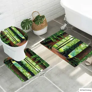 1/3Pcs Nature style forest scene with tall trees and greenery Bathroom Mat Set, Flannel Non Slip Bath Rug, Toilet U-Shape Mat, Toilet Lid Cover, Thickened Soft Absorb Water, Microfiber Surface Memory Foam Cushio