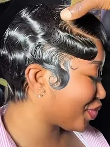13x4 Lace Finger Wave Human Hair Wig Short Pixie Cut Wigs Finger Ocean Wave Wig for Women Natural Looking Wigs