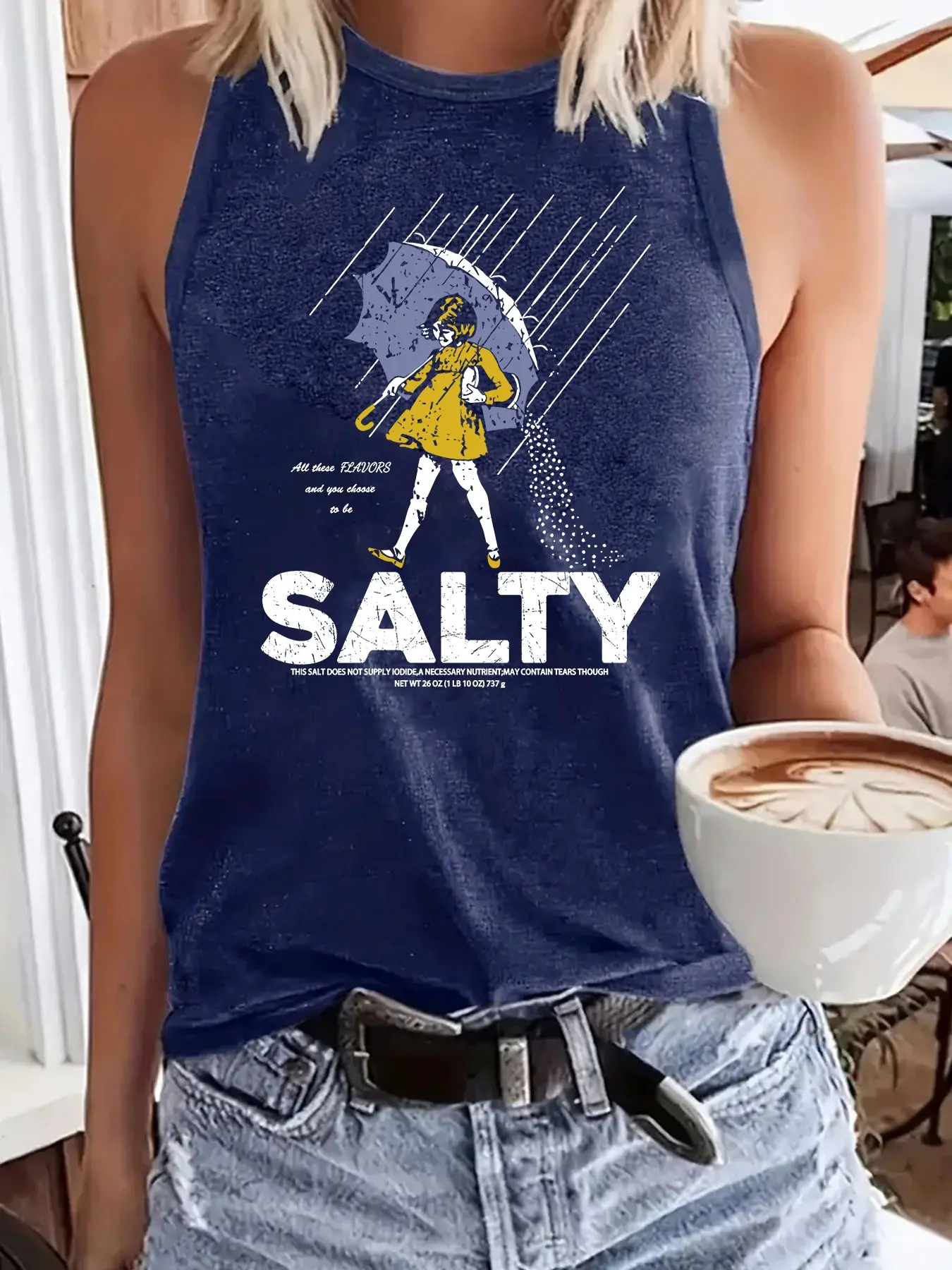Women's Fashion Graphic Sleeveless Vest Tops, Vintage Print Umbrella Girl Design, Lightweight Fabric Summer Casual Wear, Perfect for Vacation Beach