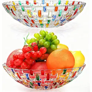 2 Pack Colorful  Glass Fruit Bowls, 10" Hand Painted Woven Art Glass Bowl, Decorative Large Plate to Display Salad Dessert Cake Candy Snack for  Office Wedding Centerpiece Decor