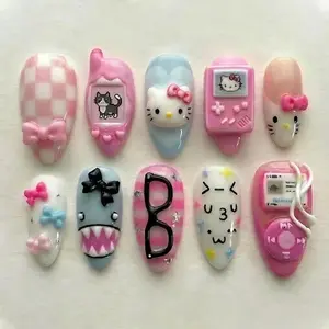 Handmade 3D Kawaii Retro Tech Press On Nails | Kitty Gamer Girl | Y2K Tamagotchi MP3 Player Pink Pastel Stiletto Nail Set, Nail Art Kit Nail Box