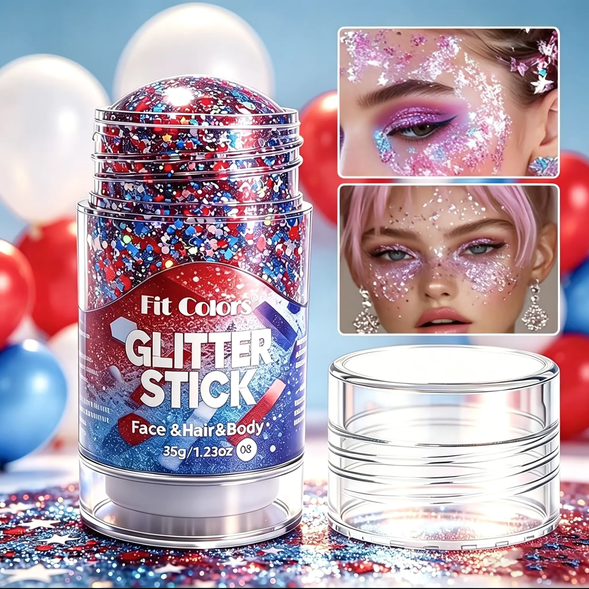 Football Party Glitter Stick Red White Blue Hair and Body Sparkle for Independence Day Party, Festival & Fun Holiday Look