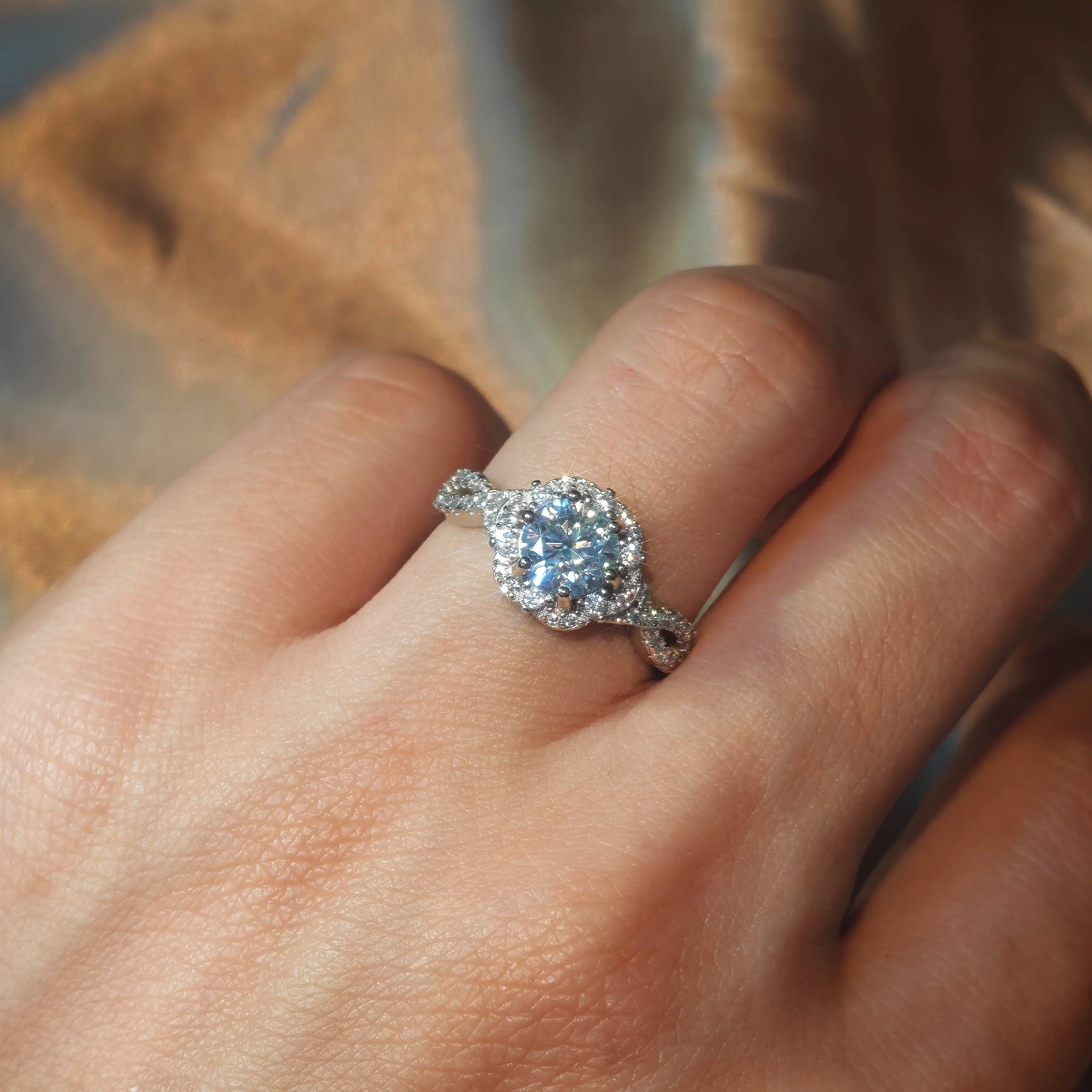 Loveden Elegant Twisted Floral Halo Moissanite Ring | Intricate Pavé Band, Hypoallergenic Copper Silver Plated