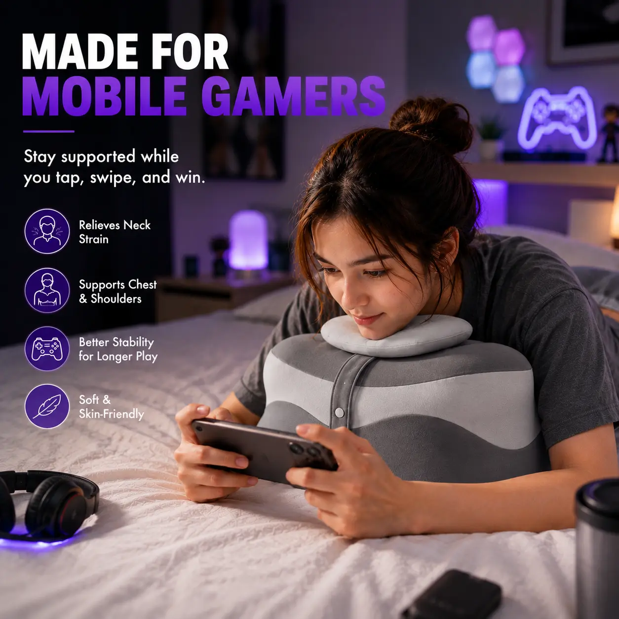 Gaming Pillow for Bed – Neck Support Cushion for Gaming, Reading & Watching Videos Gaming Pillow for Bed – Neck Support Cushion for Gaming, Reading & Watching Videos
