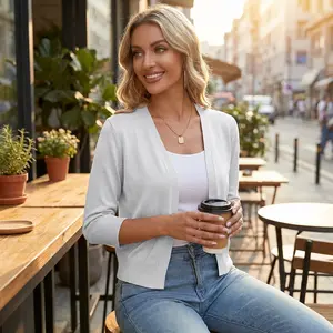 Women's Lightweight 3/4 Sleeve Open Front Cropped Cardigan Sweater - Red Casual Knit Shrug Perfect for Layering Over Dresses Tops Blouses Comfortable Soft Fabric Fashion Outerwear