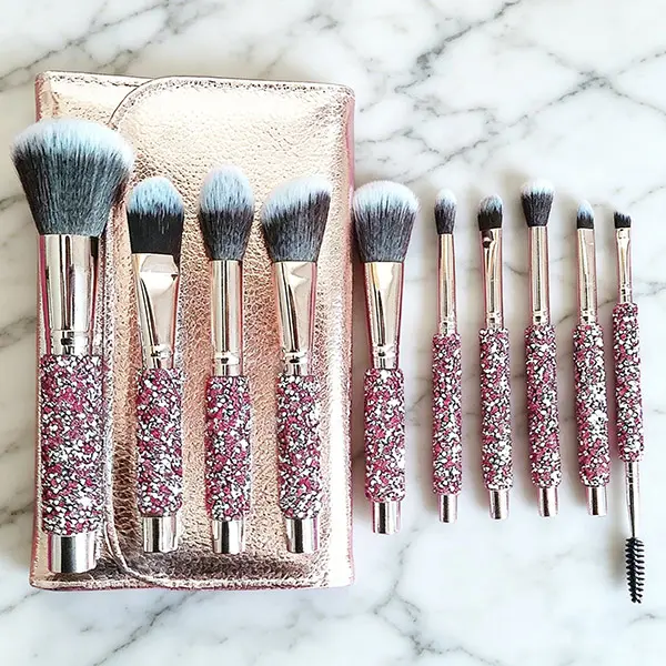 Luxury 10-Piece Handcrafted Pink Rhinestone Makeup Brush Full Set - Soft Fluffy Bristles for Face Makeup & Eyeshadow, For Eyeshadow, For Foundation, Makeup Brushes Set, Assorted Makeup Sets