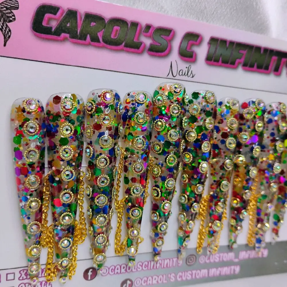 5XL Feminine Glamorous Acrylic Press-On False Nails, Jewel-Studded Stiletto Design with Chain, Ideal Holiday Gifts