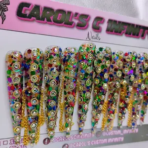 5XL Feminine Glamorous Acrylic Press-On False Nails, Jewel-Studded Stiletto Design with Chain, Ideal Holiday Gifts