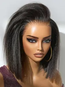 Soft Long 18-Inch Short Bob Wig, 180 Density Yaki Kinky Straight Hair, Pre-plucked Lace Front Wig, Heat Resistant, Glueless  Daily Wear wig All Seasons, Glueless Frontal Wig, Glueless Wigs