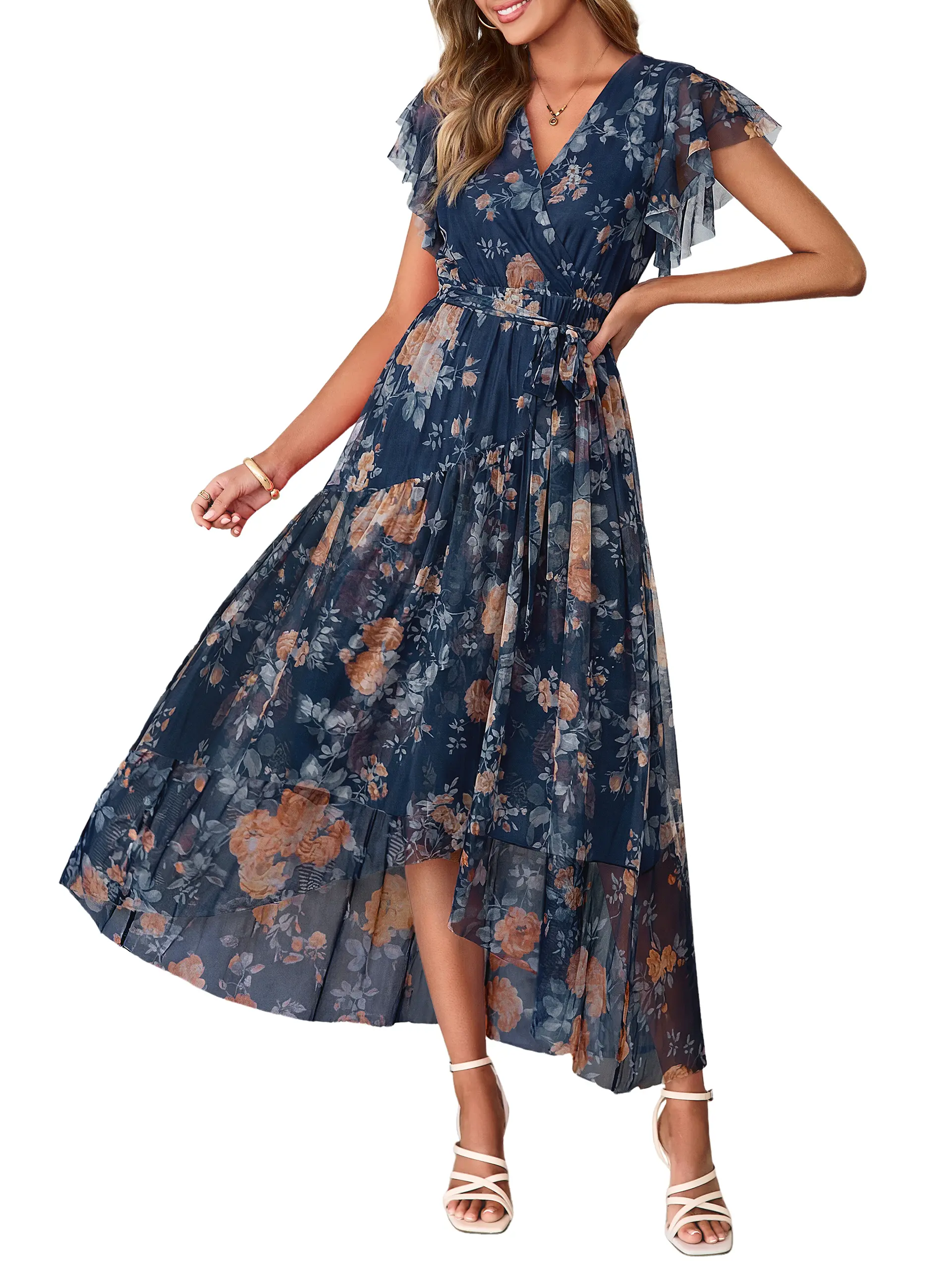Simplee V-Neck Mesh Floral Dress | Elegant Wedding Guest Outfit | Summer Vacation Flowy Split Dress