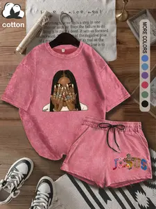 Religious Scripture Summer Women's Suit with Jesus Pattern Print, Comfortable Cotton Retro Y2k Clothing Women's Clothing Suitable for Outdoor Leisure, Punk Style Round Neck Washed Cotton T-shirt Shorts Two-piece Set, Women's Graphic Clothing