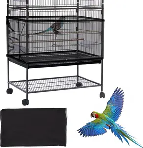 Premium Bird Cage Cover and Seed Catcher, Adjustable Soft Nylon Mesh Skirt for Parrots, Parakeets, Macaws, and Round or Square Cages (Black)