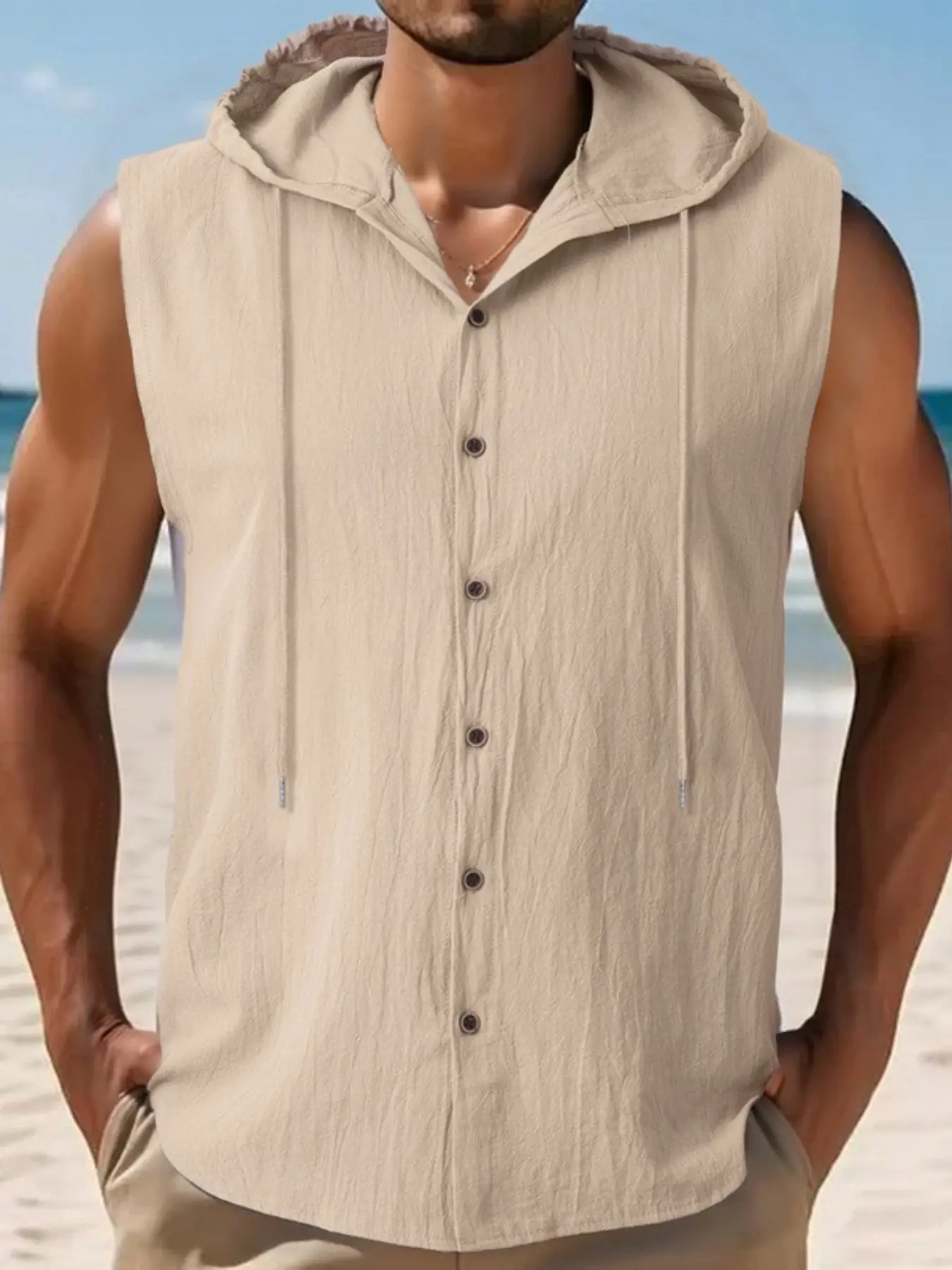 Men's sleeveless hooded white linen button-down casual fashion breathable shirt Tops - Casual Comfy Fit, lightweight and breathable fabric, with a loose and comfortable fit. Perfect for beach vacations, summer outings and leisure relaxation occasions.