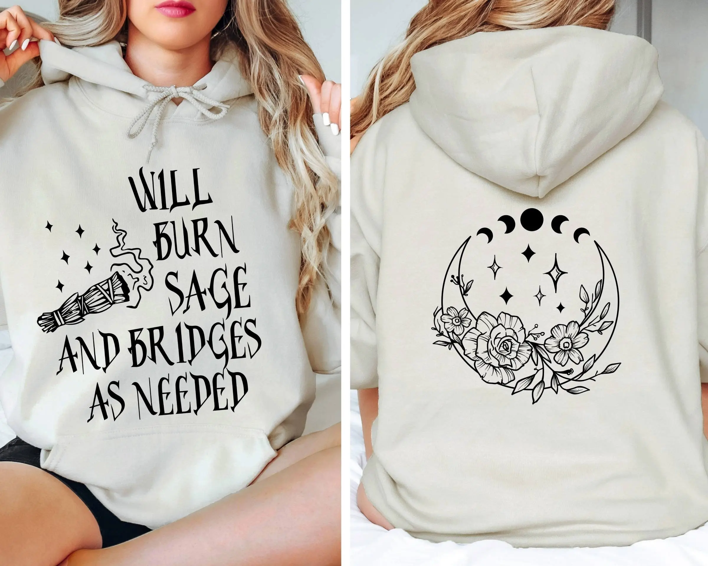Will Burn Sage and Bridges as Needed Hoodie Celestial Witch Hoodie, Burn the Patriarchy, Witchy Gift Hoodie, Boho Vintage Magic Witch Hoodie Womenswear Comfortable Womenswear Comfortable Oversized Fitted Love