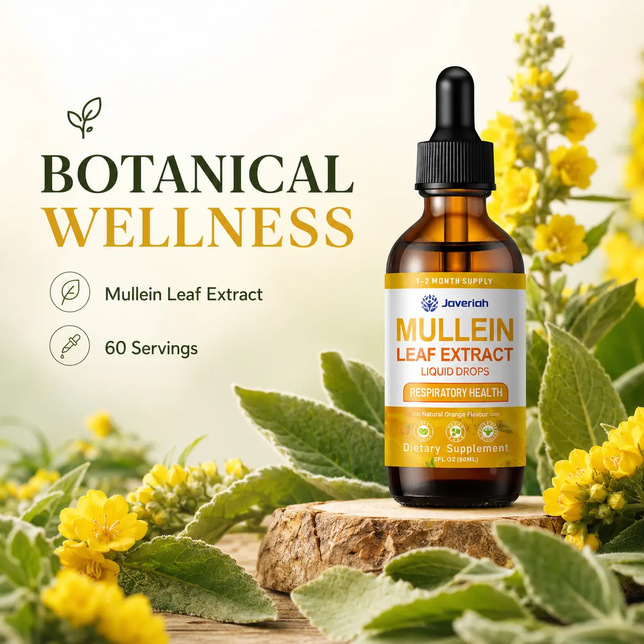 Javeriah Botanical Mullein Leaf Drops, Mullein Plant Extract Liquid Herbal Supplement, Plant-Based Herbal Tincture for Natural Daily Wellness, Nature Inspired Botanical Formula, 2 Fl Oz Dropper Bottle, 60 Servings